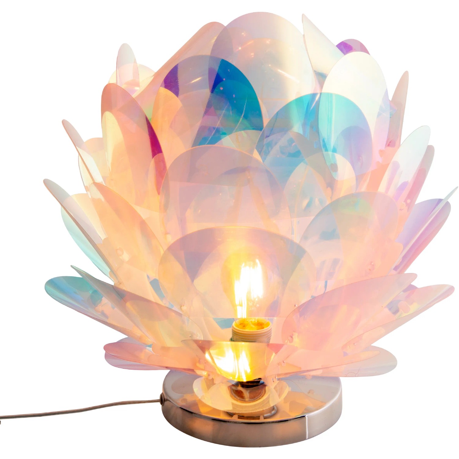 Irisierende Näve Tischleuchte Fora im floralen Design. Dekorative Lampe mit Chromfuß.