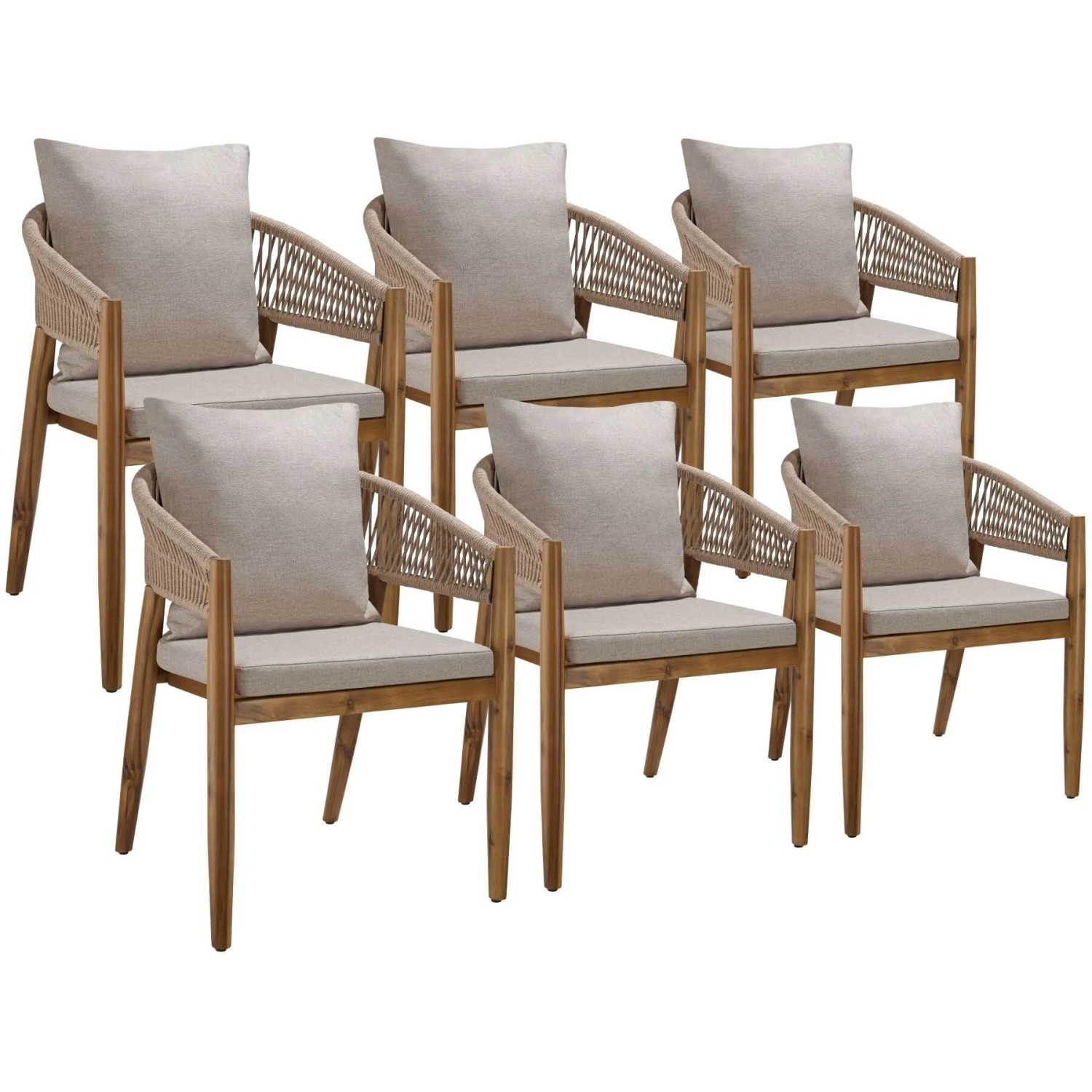 Tectake Gartenstuhl Manacor Lasiertes Akazienholz  Wetterfest Arm  und Rückenlehne Im Rope Design 6Er Set 58 x 59 x 76 50 cm Sand