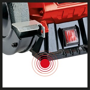 Detailansicht des Einhell TC-BG 150 Doppelschleifers mit Schleifscheibe, Funkenschutz und Schalter.