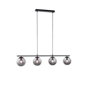 Schwarze 4-flammige Pendelleuchte Big Widow mit rauchfarbenen Glaskugeln.