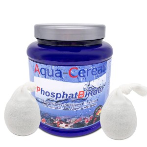 Aqua-Cereal PhosphatBinder 400g im blauen Behälter mit zwei Filtersäckchen zur Algenkontrolle.