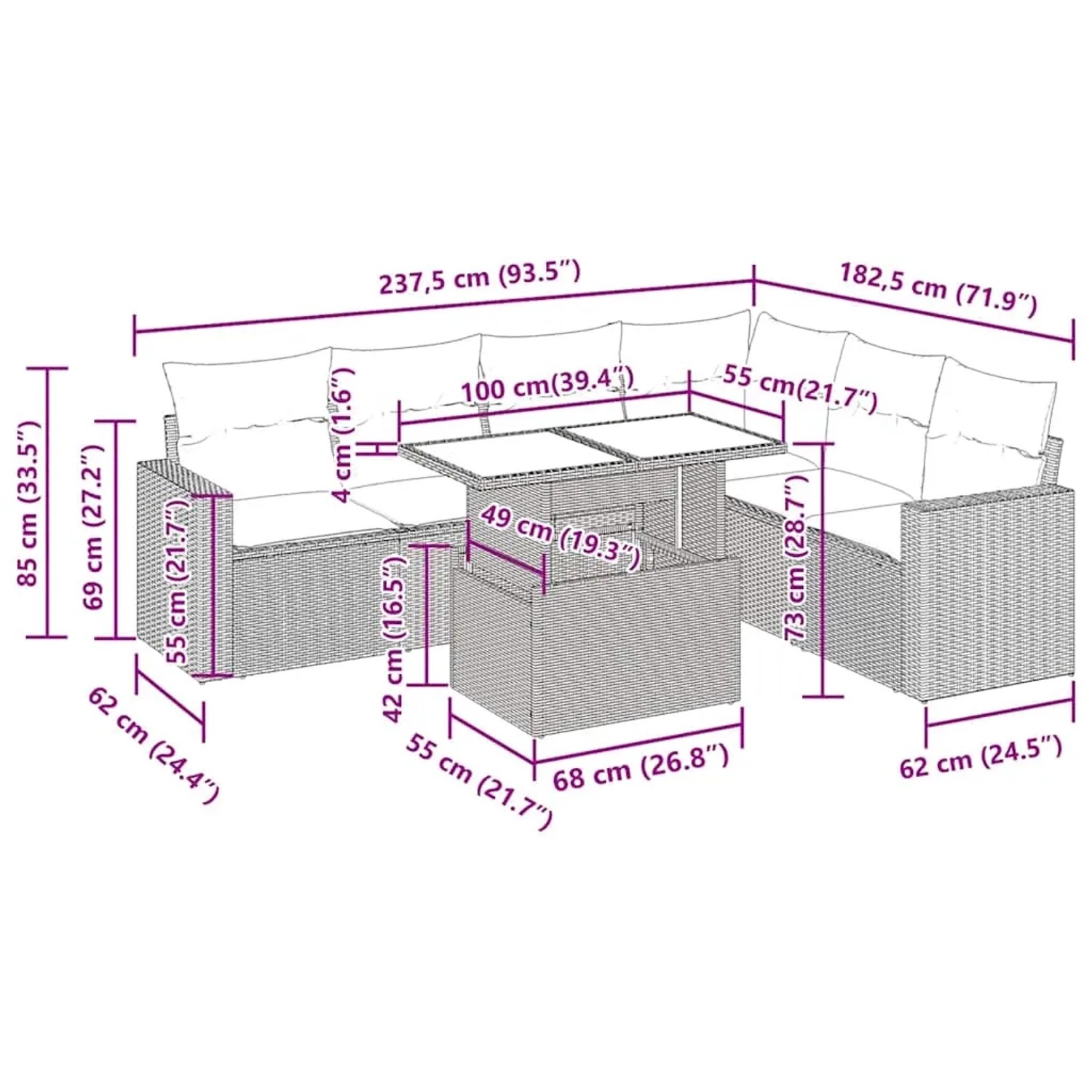 vidaXL Garten-Sofagarnitur, 7-teilig, beige Poly Rattan mit Maßangaben.