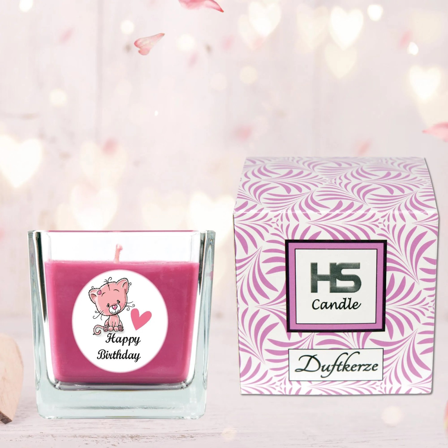 HS Candle Duftkerze Happy Birthday mit Lavendel-Duft und Katzenmotiv im Glas.