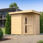 Unbehandeltes Weka Holz-Gartenhaus 229 mit Flachdach und Tür mit Fenstern im Garten.