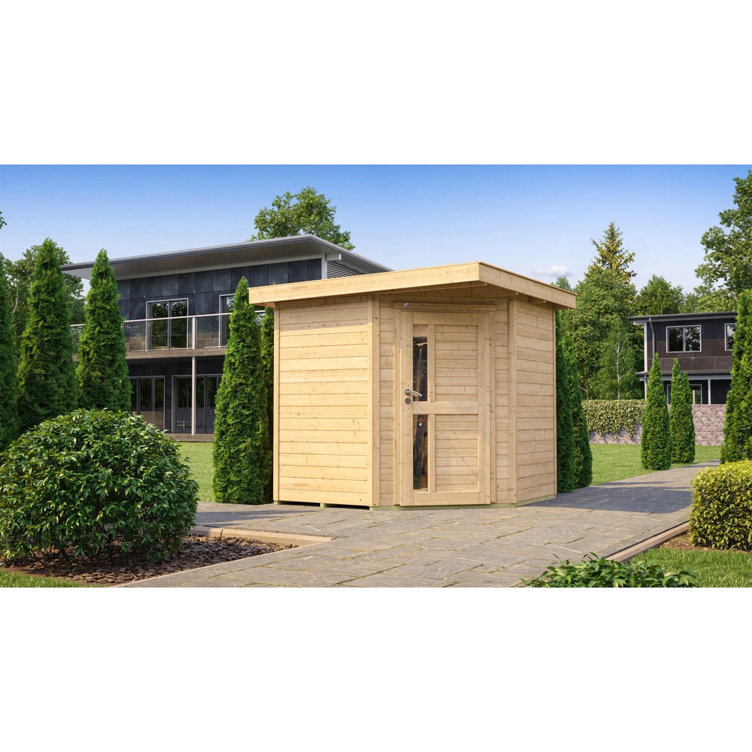 Unbehandeltes Weka Holz-Gartenhaus 229 mit Flachdach und Tür mit Fenstern im Garten.