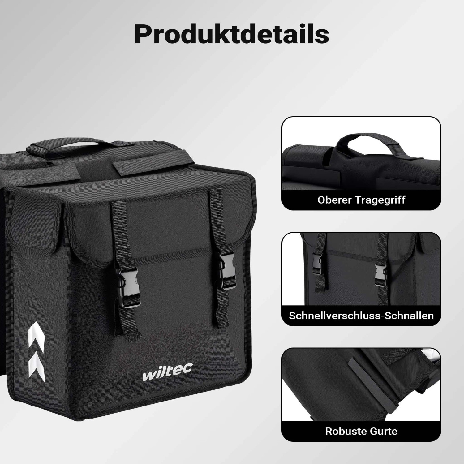 Schwarze Wiltec Doppel-Gepäckträgertasche 30L für Fahrräder mit Schnallen, Tragegriff und reflektierenden Elementen.