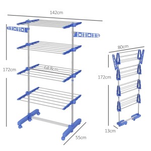 Blauer, klappbarer HOMCOM Wäscheständer mit Rollen, Stahl, 142x55x172cm, für Waschen und Trocknen.