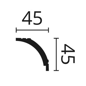 Technische Zeichnung: Schöner Wohnen Deckenleiste Modern 1 HDPS, 45x45mm, Maße dargestellt.