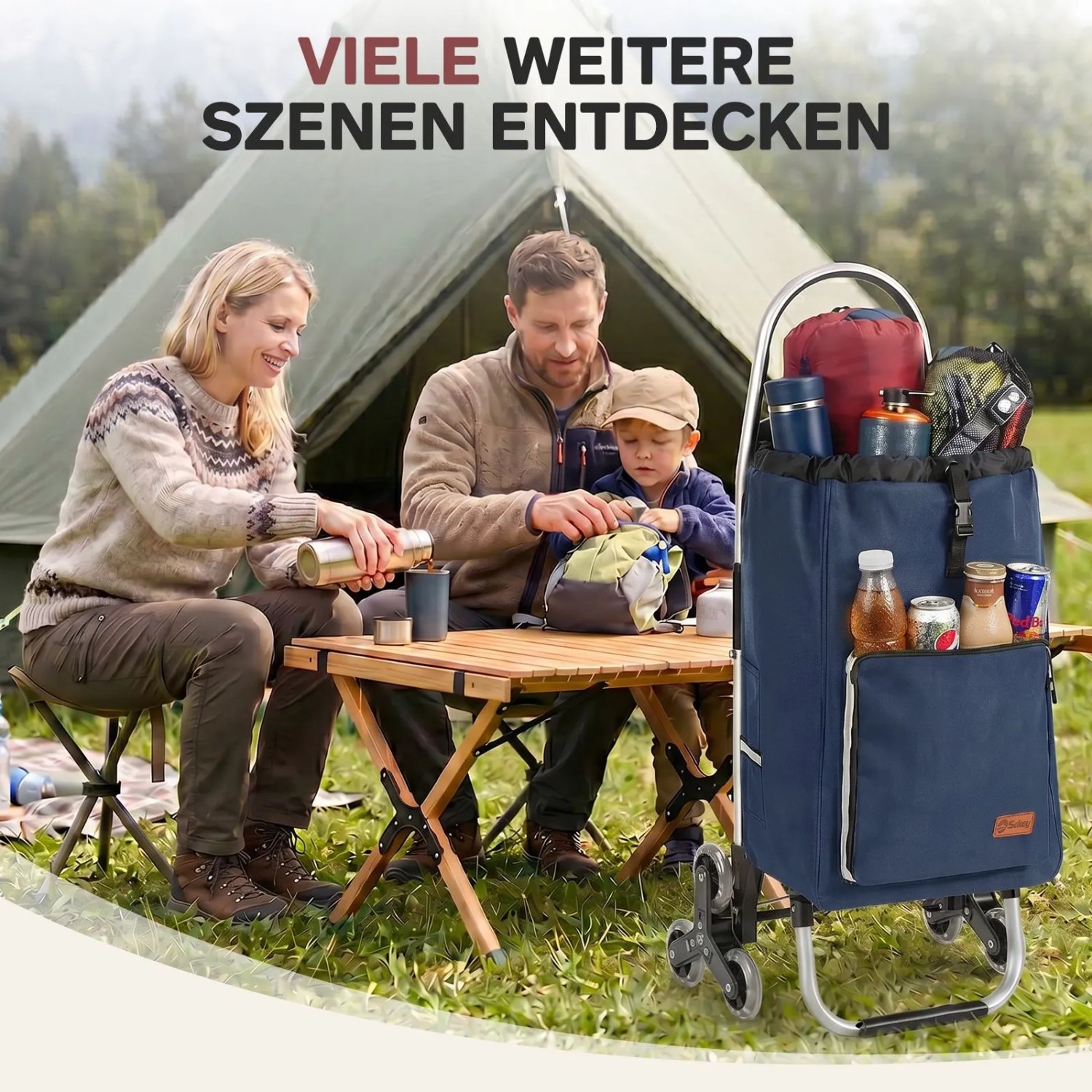 Sekey Einkaufstrolley mit Kühlfach, blau, vor Zelt mit Familie beim Camping.
