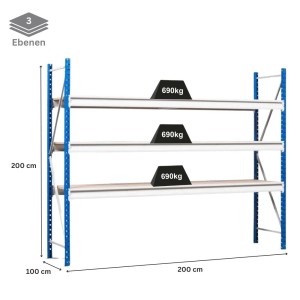 PROREGAL Weitspannregal Maximus Pro Grundregal, 200x200x100cm, 3 Ebenen, Fachlast 690kg, blau/grau.