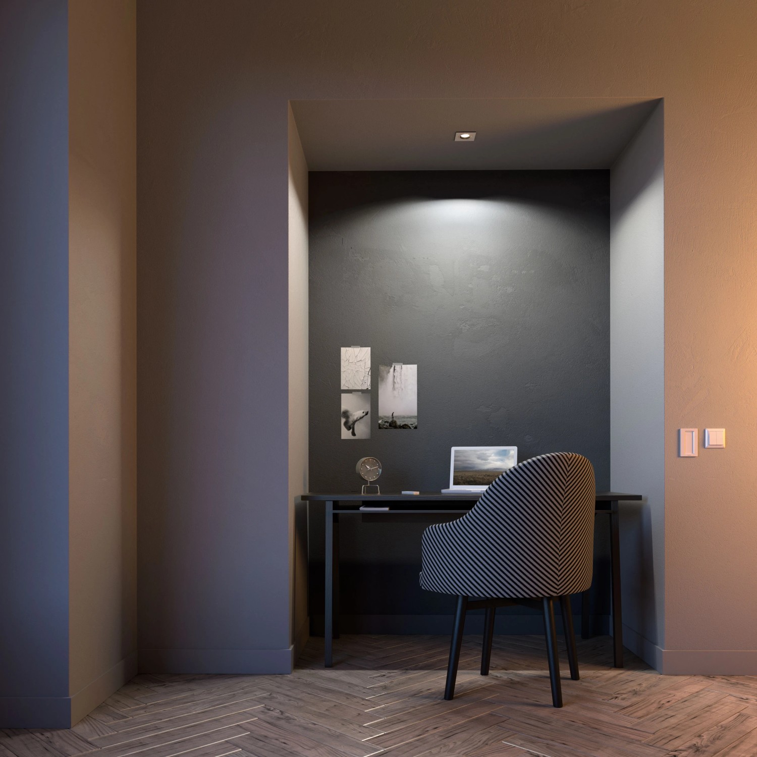 Philips Hue Milliskin Einbauspot, rechteckig, silber, in einem modernem Arbeitszimmer.