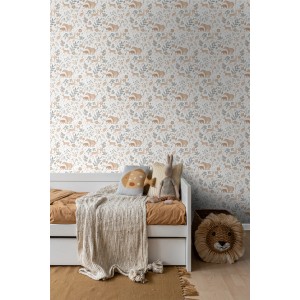 ESTAhome Vliestapete: Waldtiere wie Bären, Rehe und Blätter in Graugrün, Beige auf Weiß. Dekorative Tapete für Kinderzimmer.
