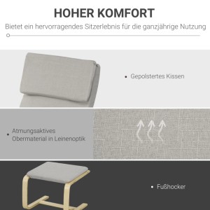HOMCOM Relaxstuhl und Fußhocker: helles Holzgestell, graues Polsterkissen, atmungsaktiver Leinenoptik-Bezug.