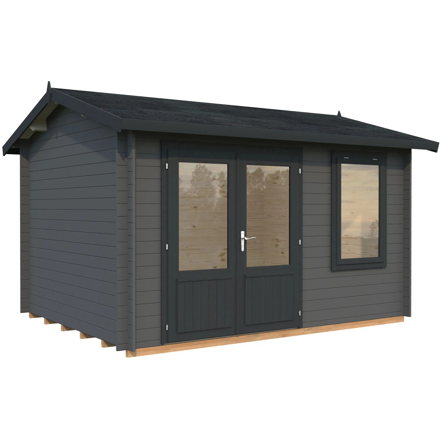 Palmako Gartenhaus Iris, 360x276 cm, lackiert in Grau-Anthrazit. Holz-Gartenhaus mit Doppeltür und Fenster.