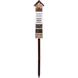Dobar Insektenhotel mit Stab, weiß-braun, ca. 148cm hoch, gefüllt mit Naturmaterialien.