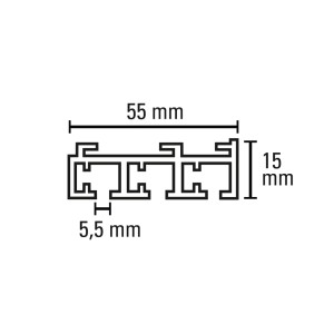 Querschnitt Gardinia Flächenvorhangschiene, 3-läufig, weiß, mit Maßangaben.