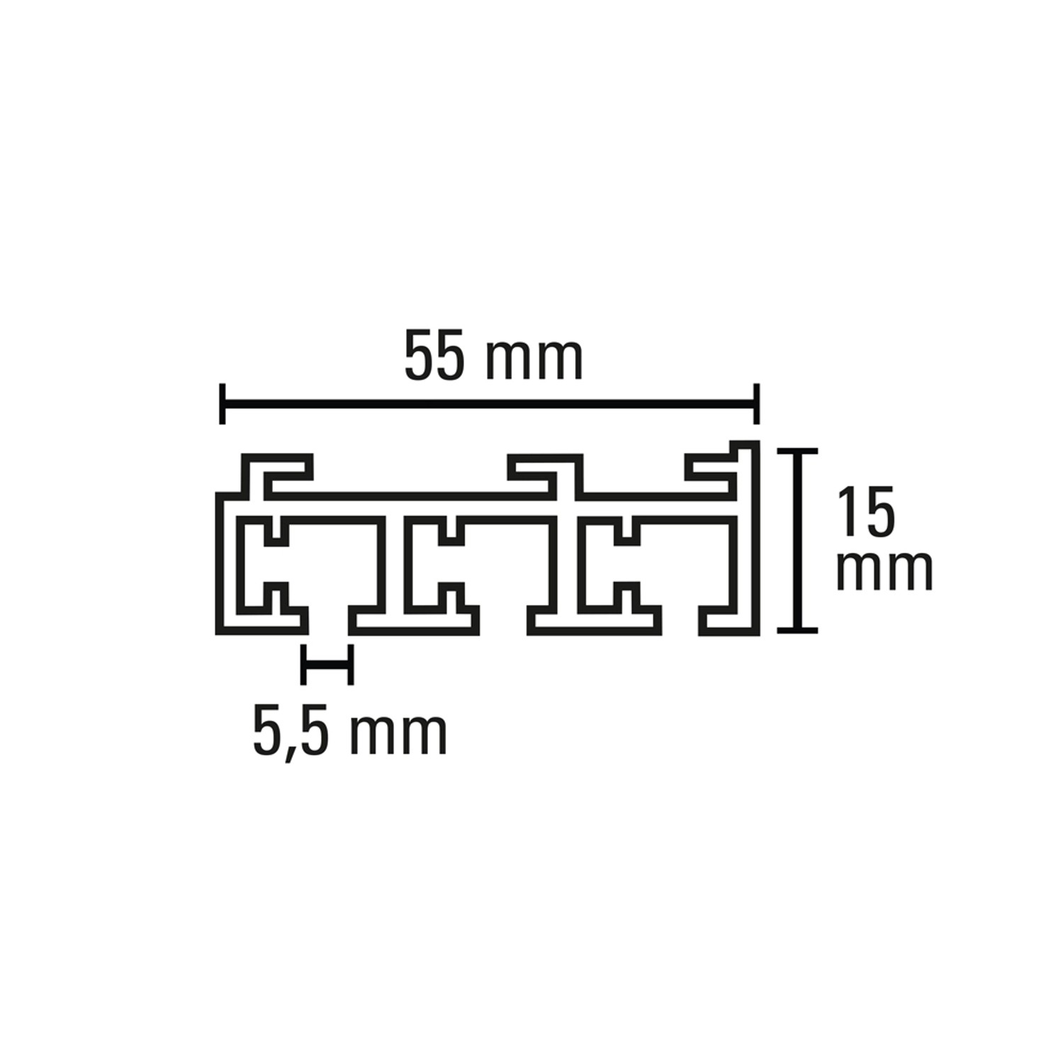 Querschnitt Gardinia Flächenvorhangschiene, 3-läufig, weiß, mit Maßangaben.