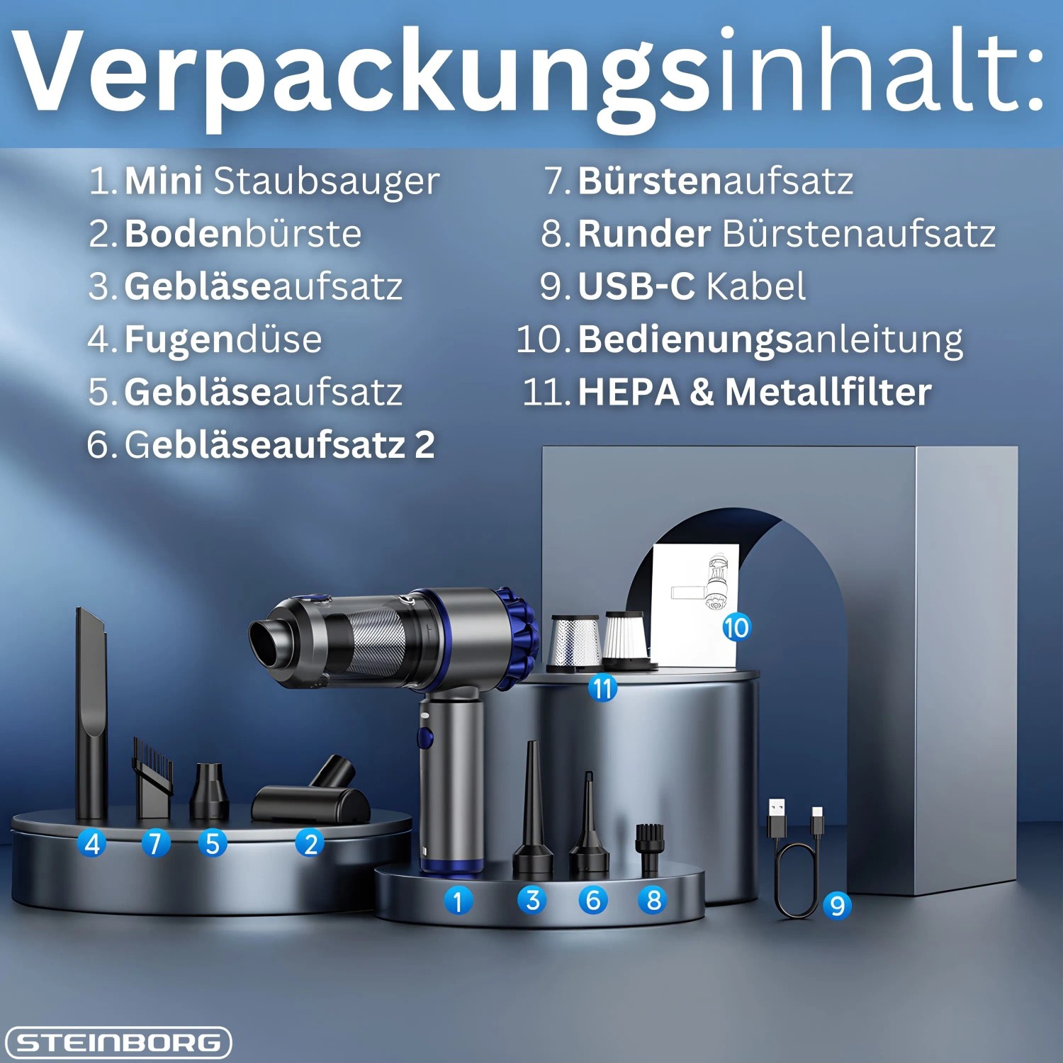 Steinborg SB-1041 Mini Akku Handstaubsauger 16000Pa, HEPA-Filter und 7 Aufsätze als Verpackungsinhalt.
