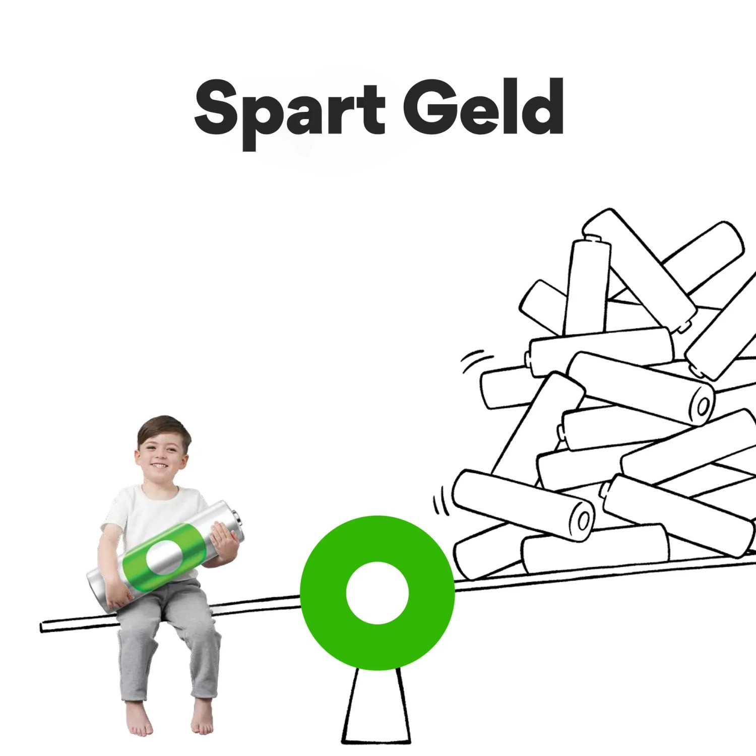 Illustration: Junge mit GP Recyko C Akku auf Wippe, gegenüberliegend viele Batterien. Spart Geld.