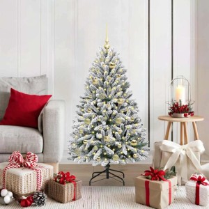 Geschmückter, künstlicher, grün-weißer Weihnachtsbaum (120 cm) mit LED-Lichtern und goldenen Kugeln im Wohnzimmer.