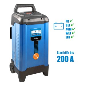 Güde Batterielader Digital GDB 24V/12V-200 mit Starthilfe bis 200A, geeignet für verschiedene Batterietypen.