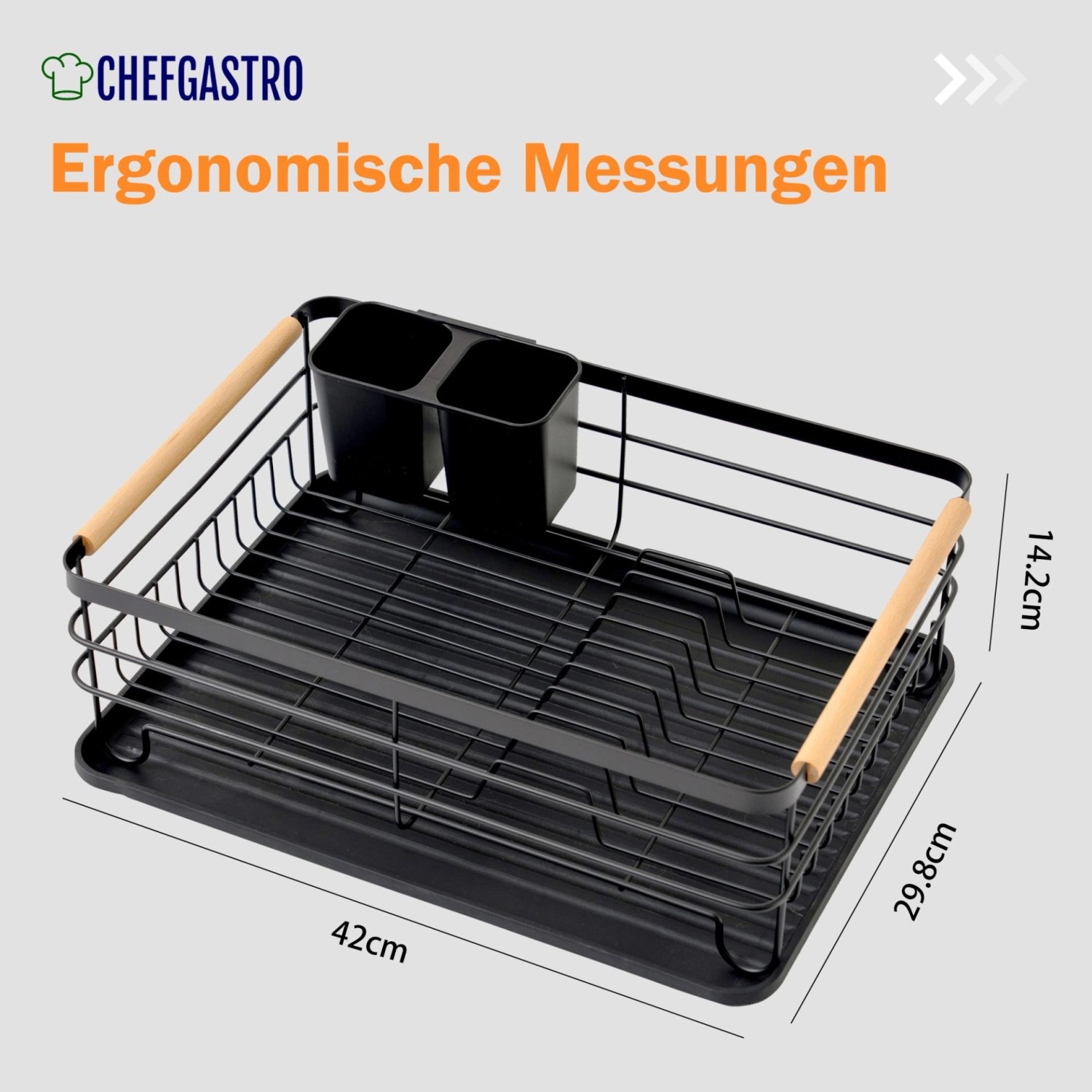 CHEFGASTRO Abtropfgestell Geschirr 14x42x30cm Stahl/Holz Mit Besteckhalter & Abtropfbrett Geschirrabtropfgestell Abtropfständer Spül Abtropfgitter_3