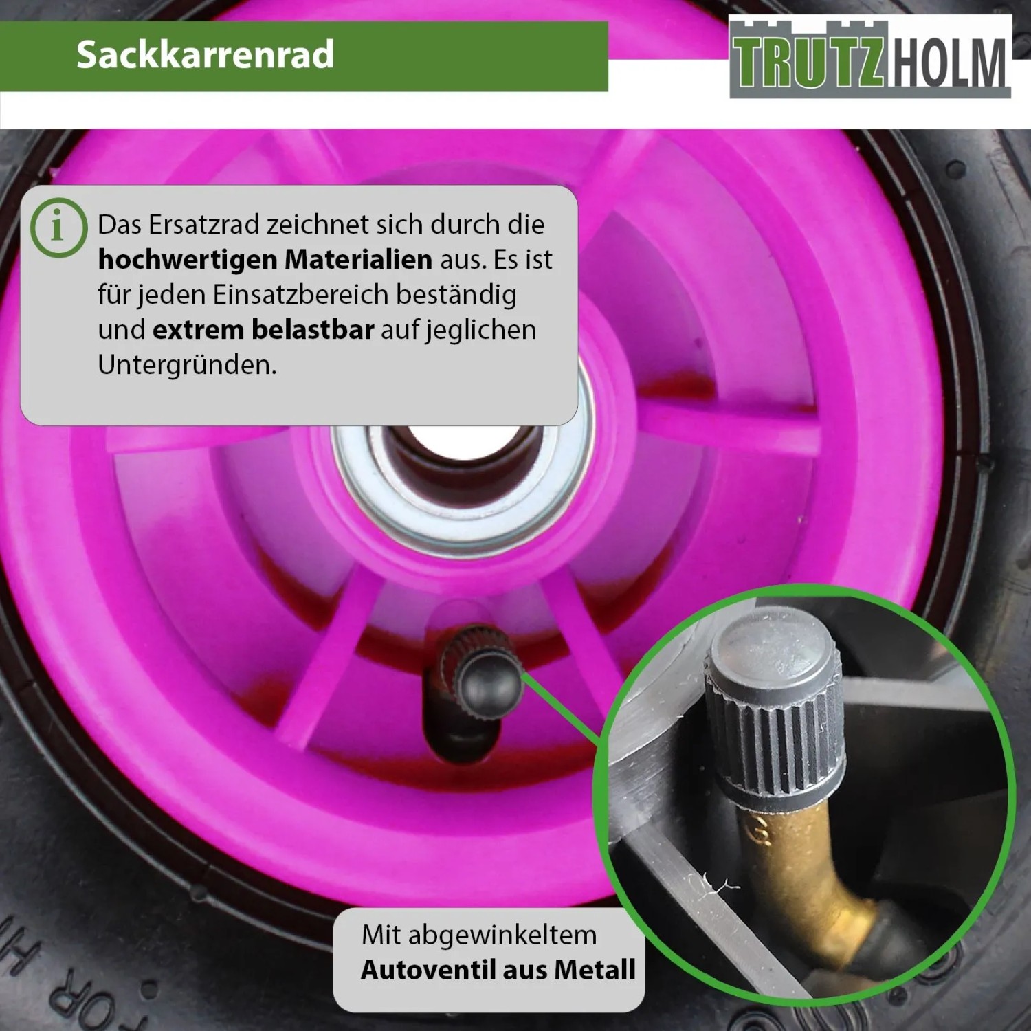 TRUTZHOLM Sackkarrenrad, 260x85mm, pinke Felge, abgewinkeltes Ventil für Baumaschinen.