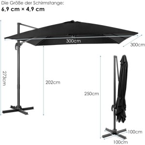 COSTWAY Sonnenschirm, 300x300 cm, schwarz, mit Maßen und Details zur Größe.