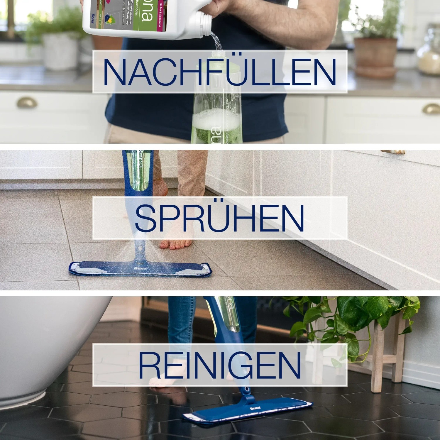 Bona Reiniger Nachfüllkanister in Aktion: Nachfüllen, Sprühen, Reinigen von Stein-, Fliesen- und Laminatböden.