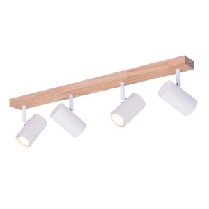 NETTLIFE Deckenstrahler, weiß, mit 4 schwenkbaren Metall-Spots auf heller Holzleiste. Flexible Beleuchtung für Spots.