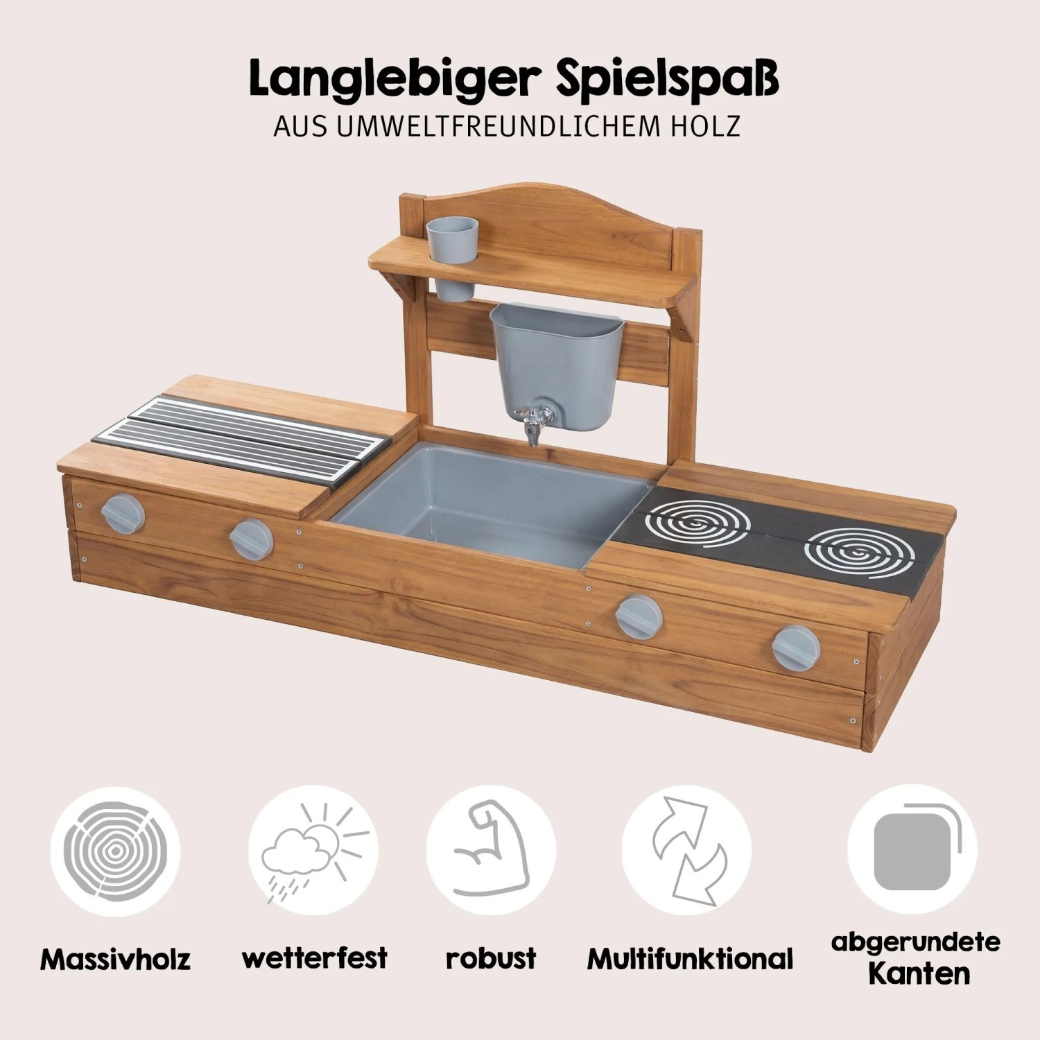 roba 2in1 Balkonsandkasten und Matschküche aus Naturholz mit Grill, Kochfeld, Spüle und Wasserhahn für Outdoor-Spiel.