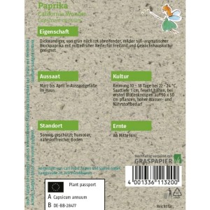 Grüne Fee Paprika California Wonder Saatgut auf Graspapier-Packung mit Anzuchtanleitung und Fee.