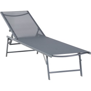 Graue Sonnenliege Casma mit Stahlgestell und Textilbezug. Klappbare Liege für Garten, Balkon und Terrasse.