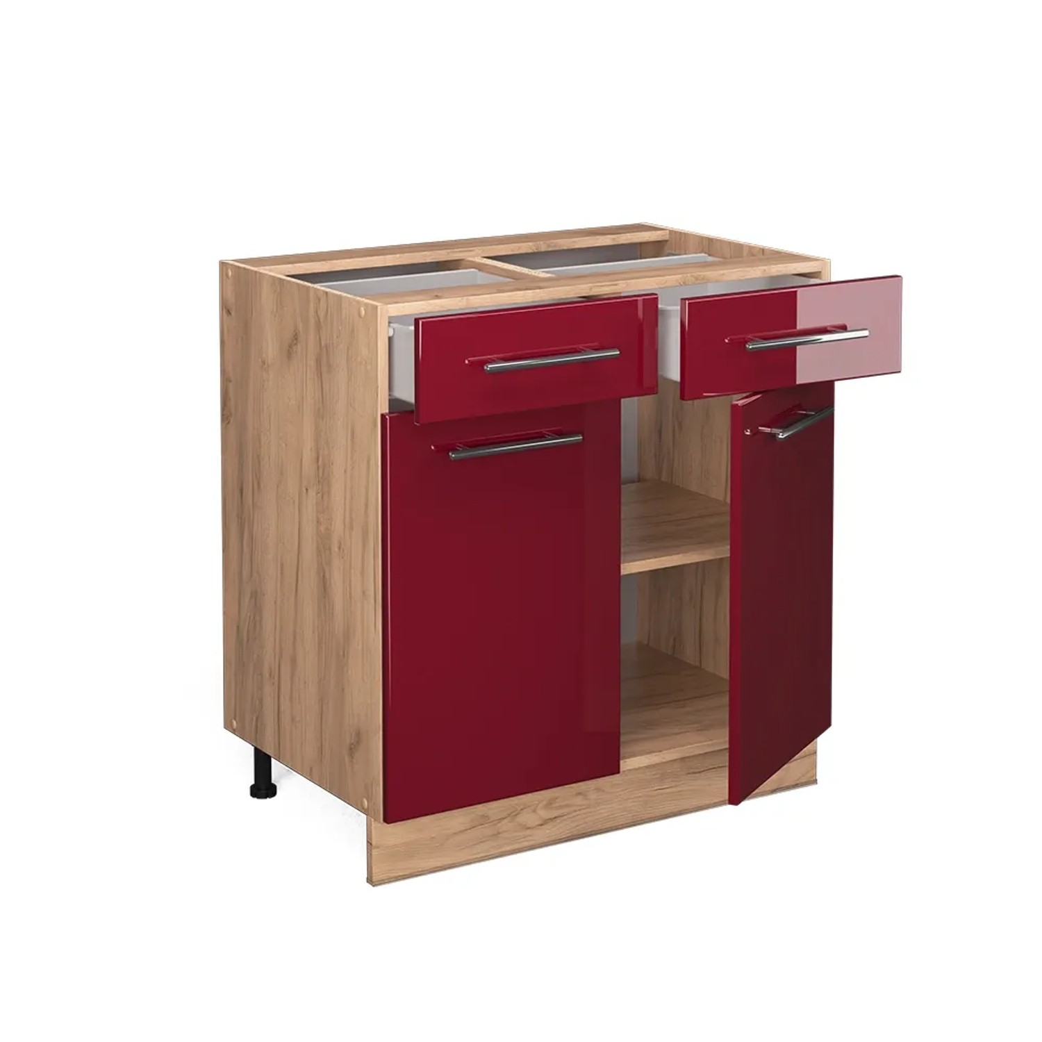 Vicco Küchenunterschrank Fame-Line, Bordeaux Hochglanz/Eiche, 80cm, mit Schubladen und Stauraum.