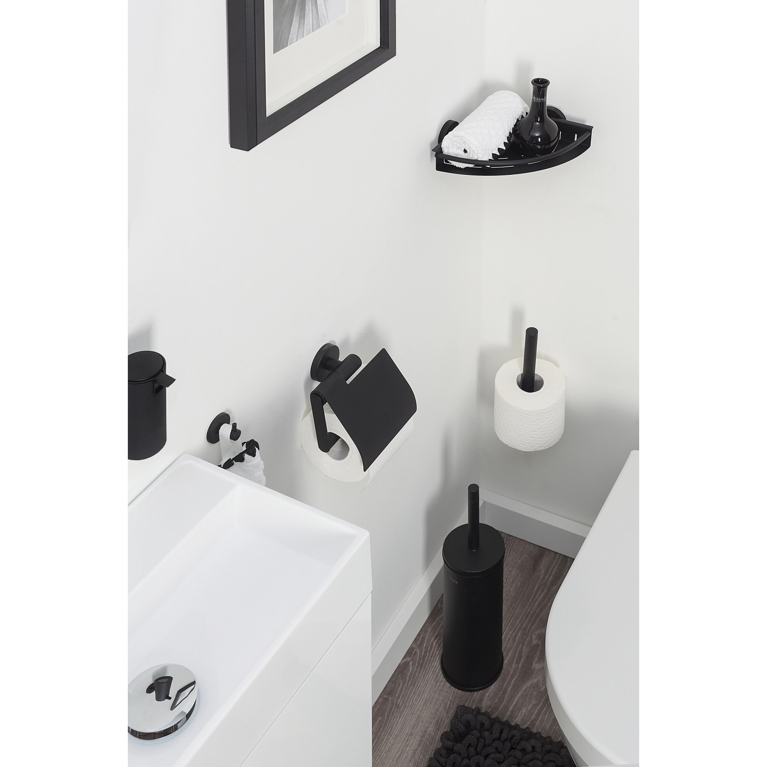 Schwarzer Tiger Toilettenpapierhalter Boston mit Deckel aus Edelstahl.