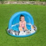 Bestway Planschbecken Safari Sun mit Zebra-Design und Sonnenschutzdach, genutzt von einem Kind.
