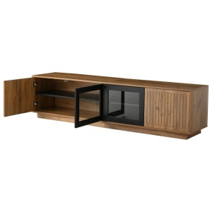 okwish TV Schrank mit LED Glas Stauraum Wohnzimmer 180x40x45cm Natur Schwarz