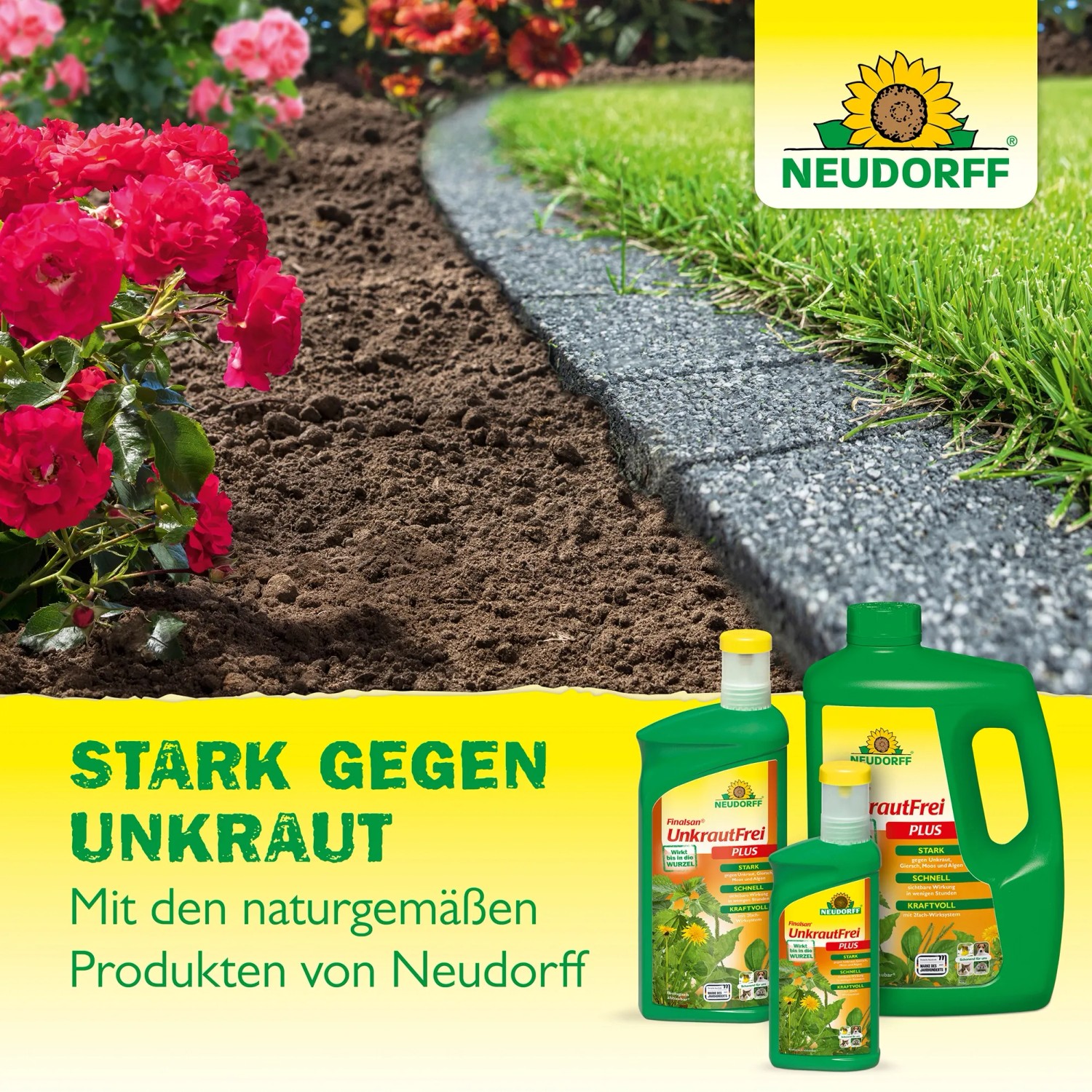 Neudorff Finalsan AF Giersch-Frei Unkrautvernichter im Beet, verschiedene Flaschengrößen.