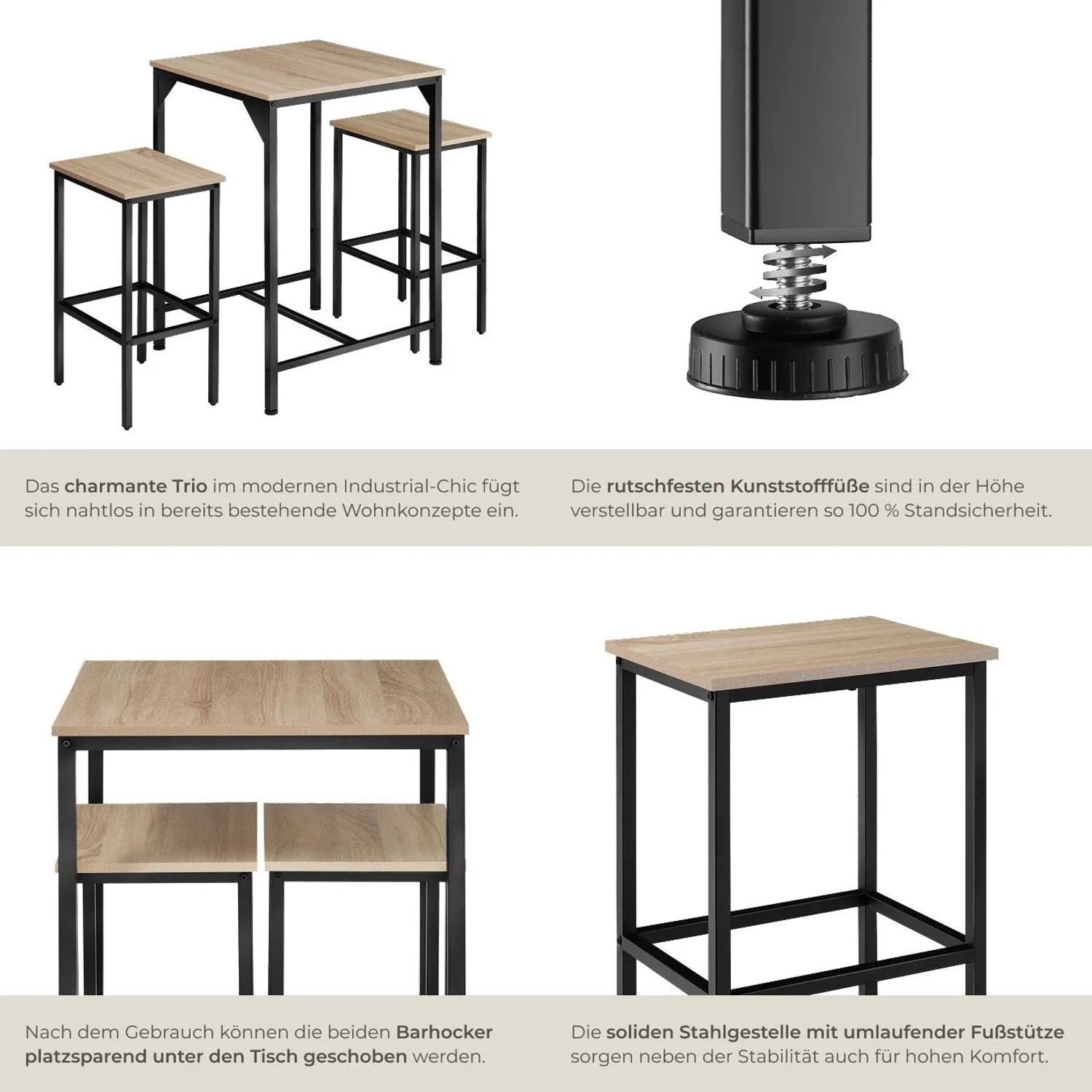 Tectake Barset Inverness 3 Teilig Tisch Mit 2 Hockern 120 x 60 x 91 cm Industrial Holz Hell Eiche Sonoma_5