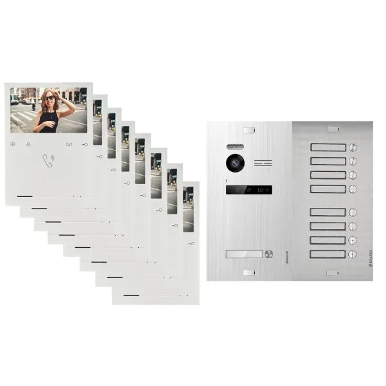 Balter Evo Quick Video Türsprechanlage für 9 Familienhaus mit 9x 4,3 Zoll Monitor 2-Draht Bus Silber