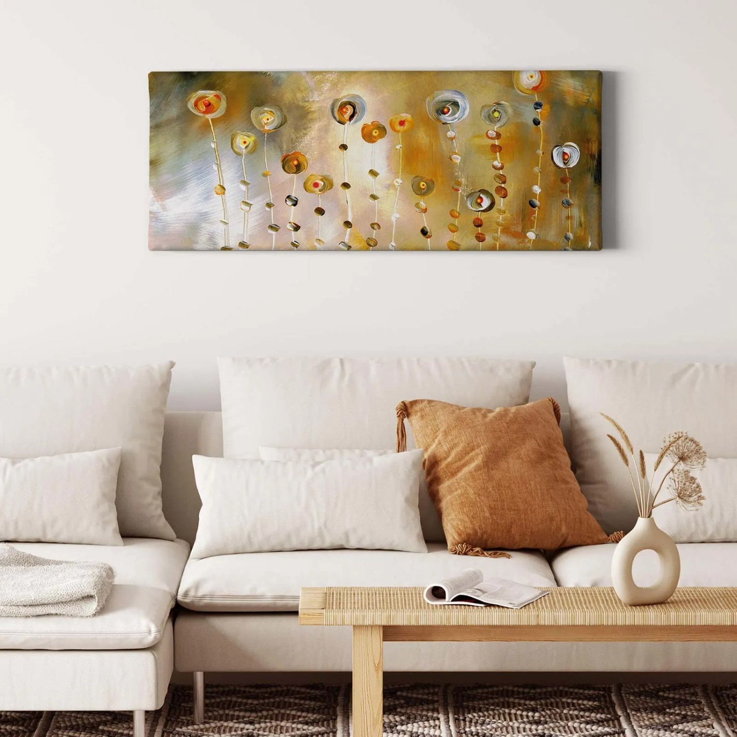 Abstraktes Blumen-Wandbild in Gold und Gelb auf Leinwand von Bricoflor.
