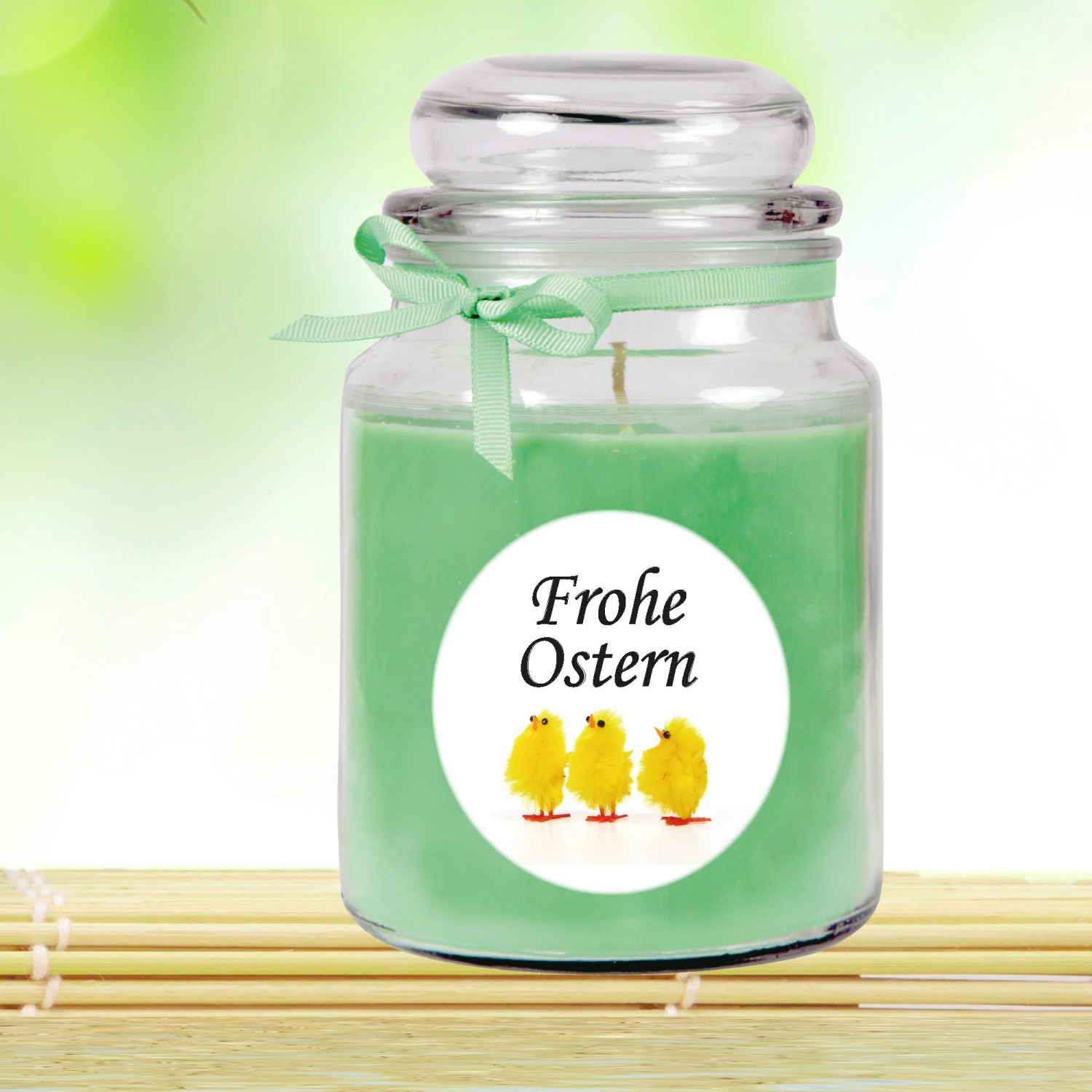 Duftkerze „Frohe Ostern“ im Glas mit Küken-Motiv, Ø10 cm. Coconut Limes Duft.