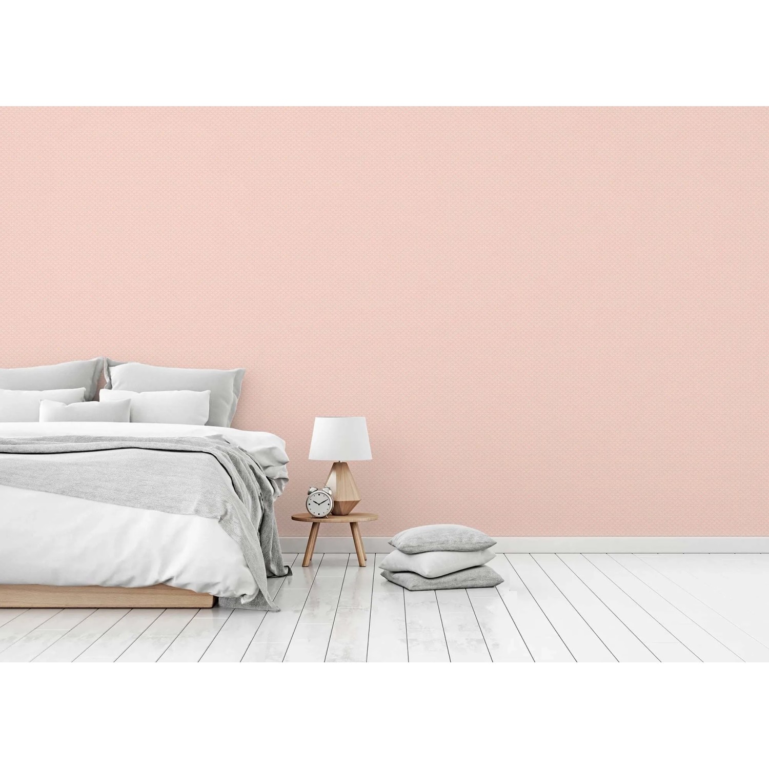 Rosa Vliestapete mit dezentem Art Deco Muster im Schlafzimmer. Dekorative Tapete für moderne Raumgestaltung.