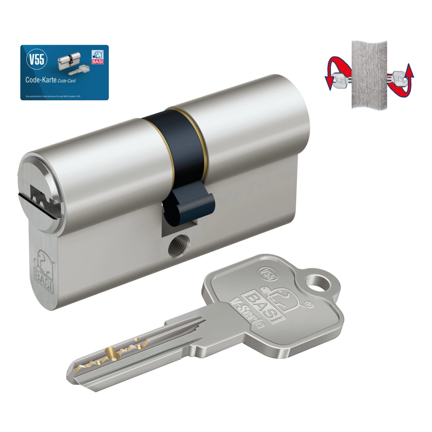 BASI V55 Profilzylinder 35/45 mm mit Schlüssel, verschiedenschließend und Notfunktion.