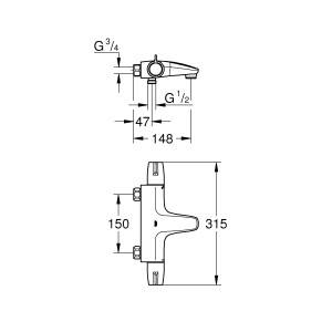 Technische Zeichnung der Grohe Grohtherm Special Thermostat-Wannenbatterie in Chrom mit Maßangaben.