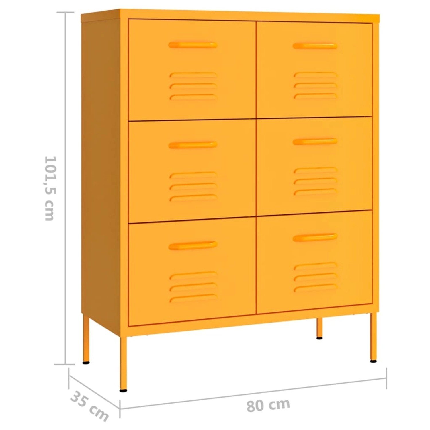 Senfgelber vidaXL Büroschrank aus Stahl mit 6 Schubladen (80x35x101,5 cm).