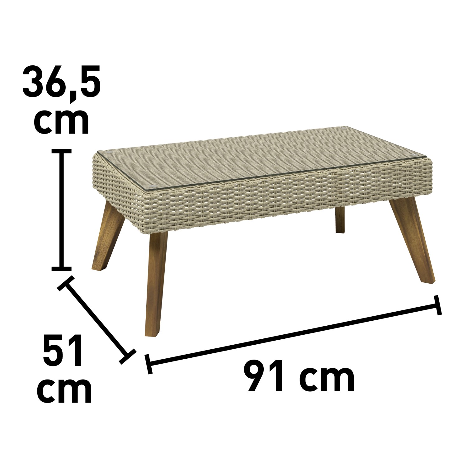Detailansicht: Tisch des 4-teiligen Sofa-Lounge-Sets Borup, Wicker Beige, mit Maßen.