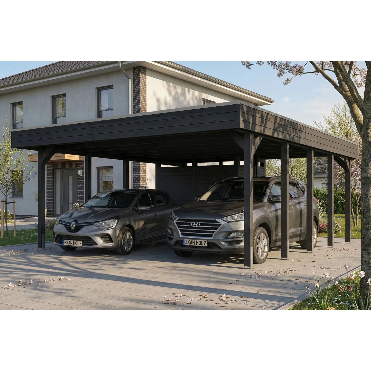 Anthrazitfarbener Skan Holz Flachdach-Carport Friesland mit integriertem Abstellraum, schützt zwei Autos.