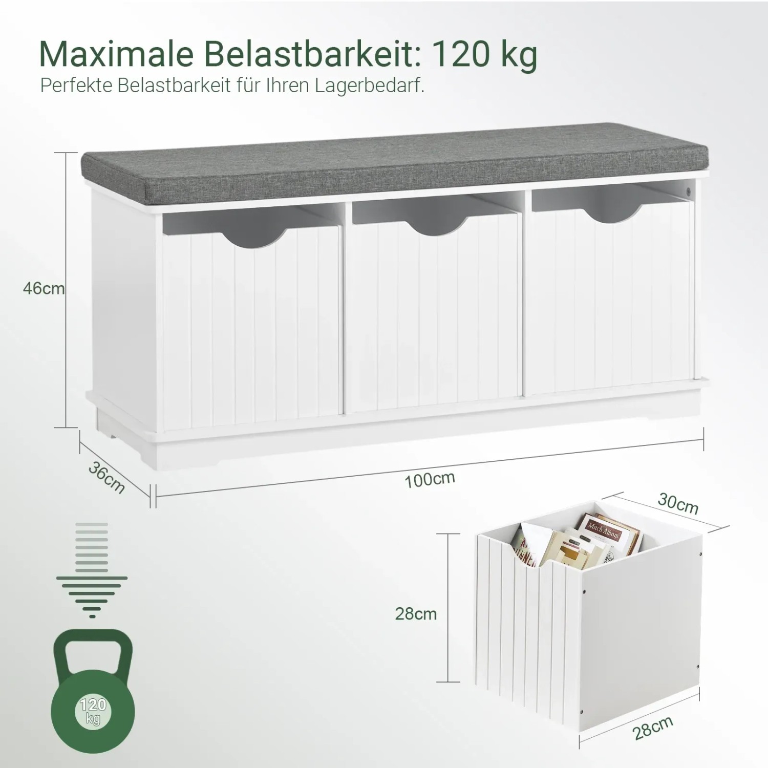 SoBuy Schuhbank mit Sitzfläche Sitzbank mit 3 Körben Schuhregal für Flur 100x46x36cm Weiß FSR30-W_5