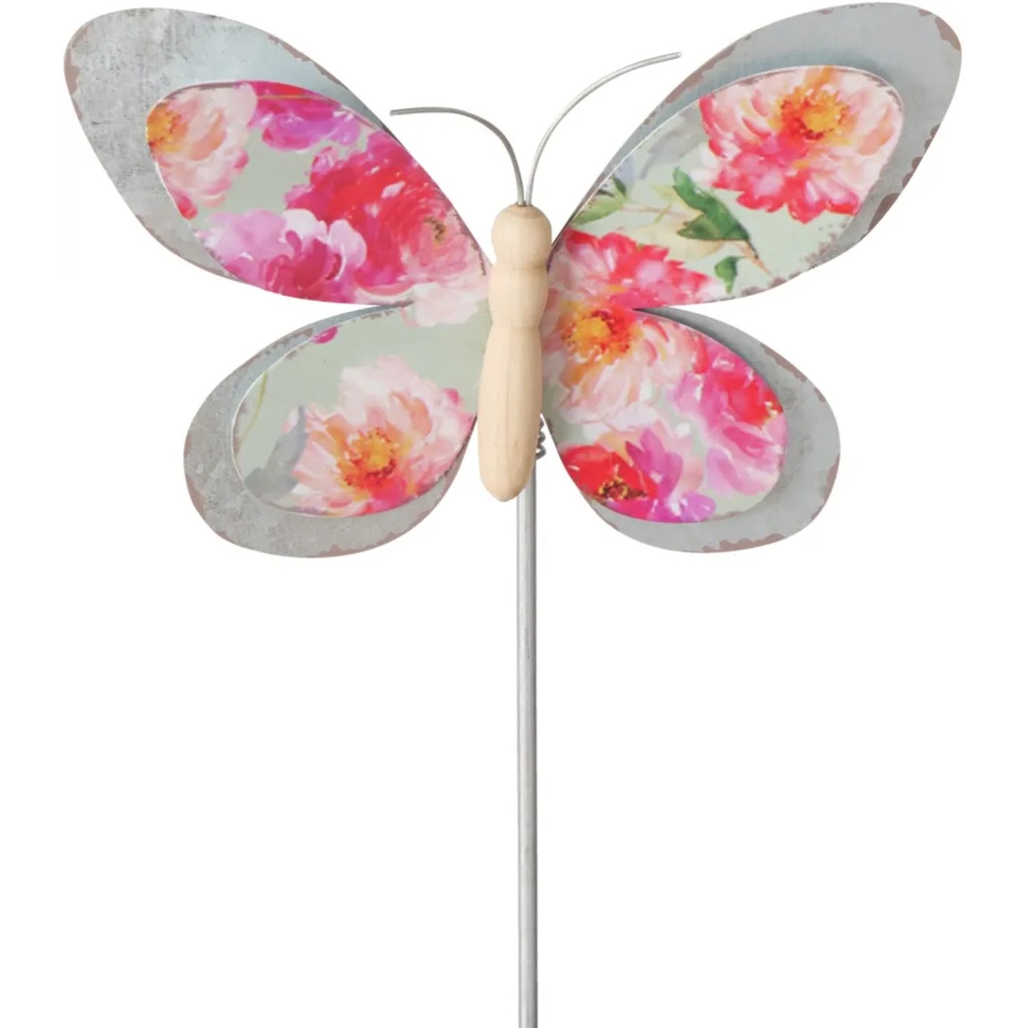 Gartenstab mit Schmetterling-Motiv, aus Metall, mit Blumenmuster auf den Flügeln. Gartendekoration.